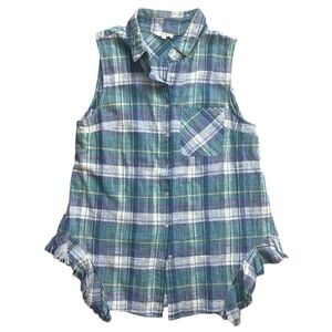 Easel Green/Blue Plaid Sleeveless Button Down  Fringe Ruffle Accent - S